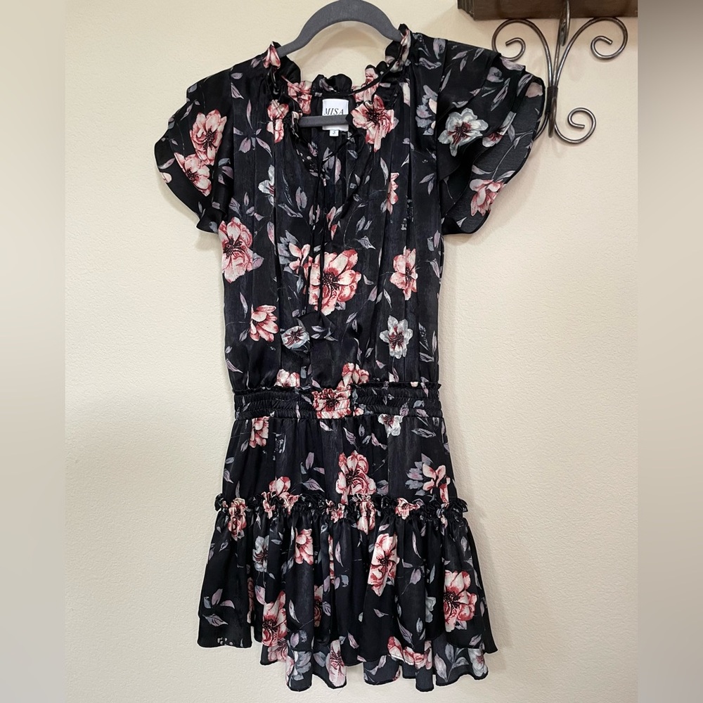Misa Los Angeles Cecile Smocked Ruffle Mini Black Floral Dress